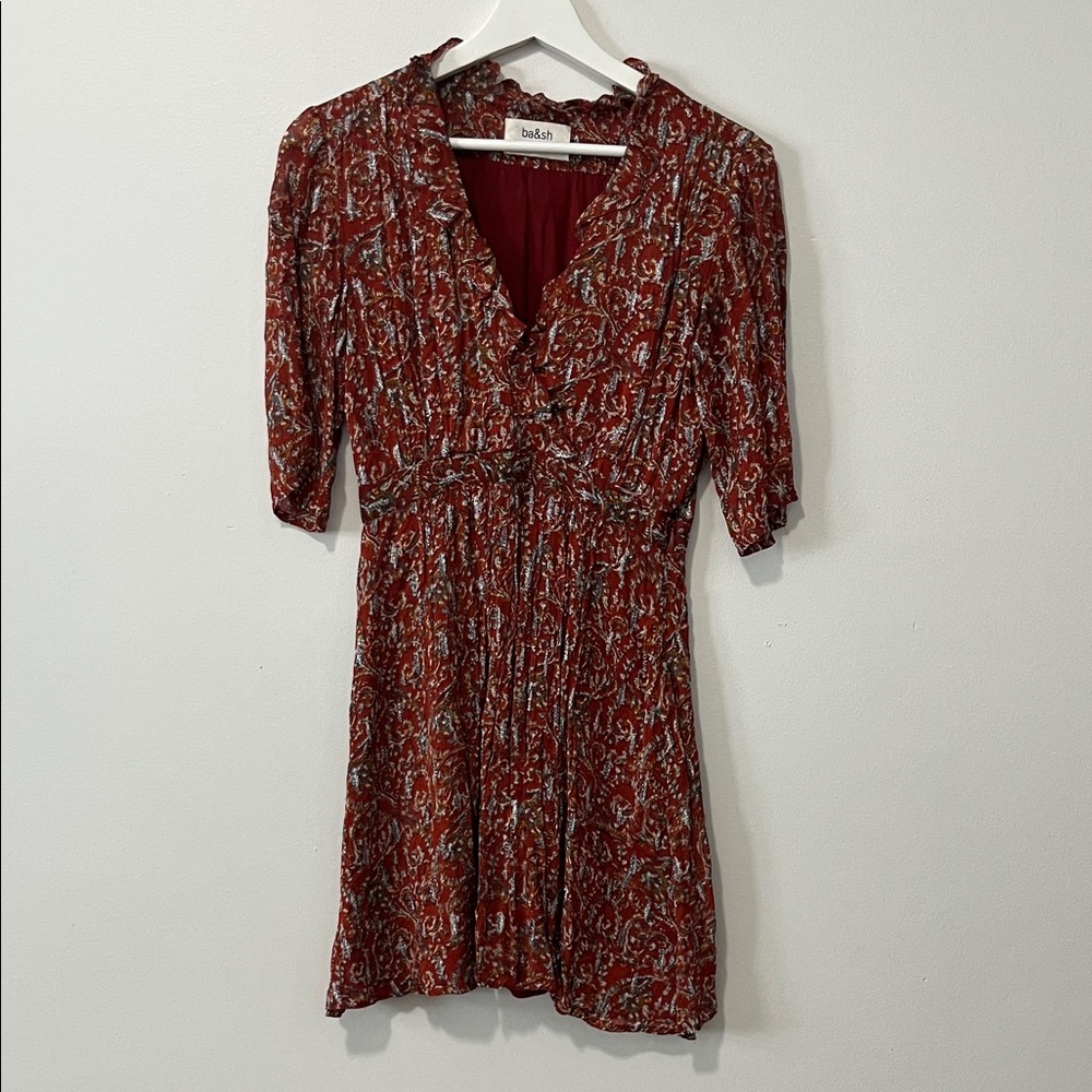 ba&sh Burgundy Rust and White Floral Mini Dress